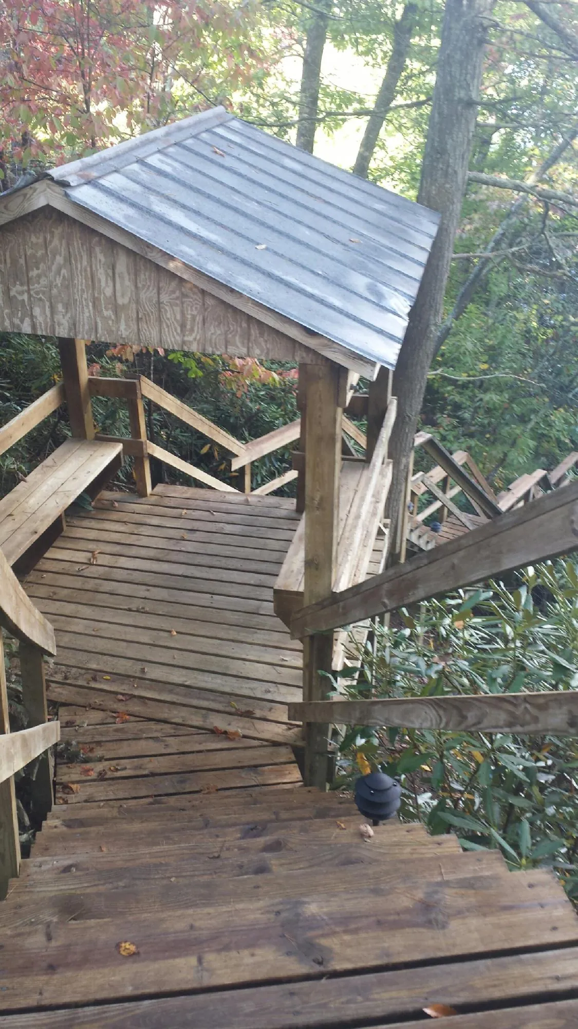 Metal roofed shelter over wooden steps on a wooded walkway — Skylight Repair & Installation work by our crew in Mount Wolf